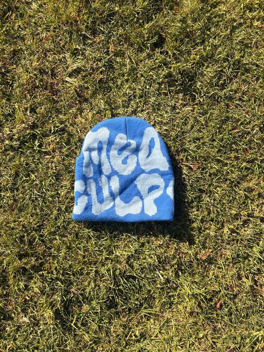 Mea Culpa Blue and White Graphic Knit Beanie